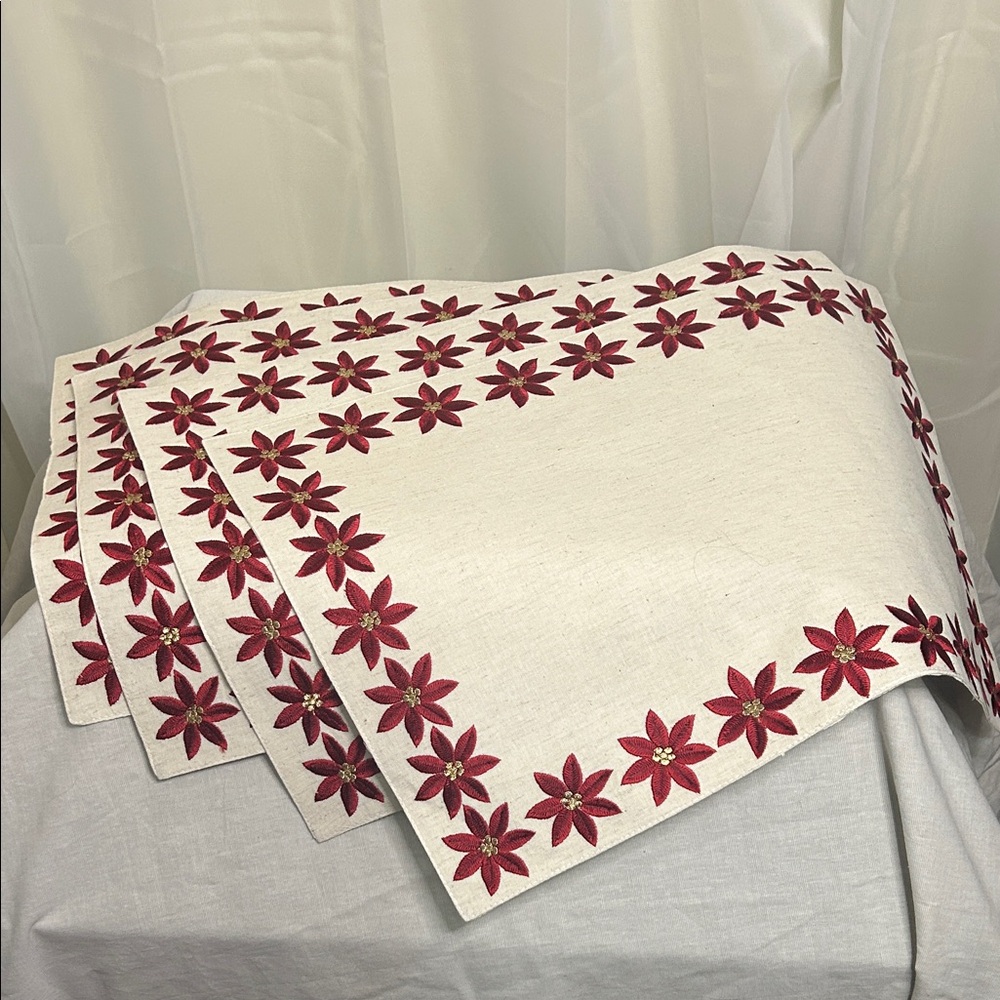Poinsettia Embroidered Christmas Placemats – Set of 4